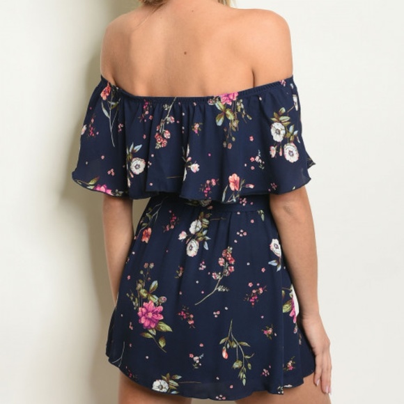 NAVY FLORAL OFF SHOULDER MINI DRESS - Picture 2 of 4